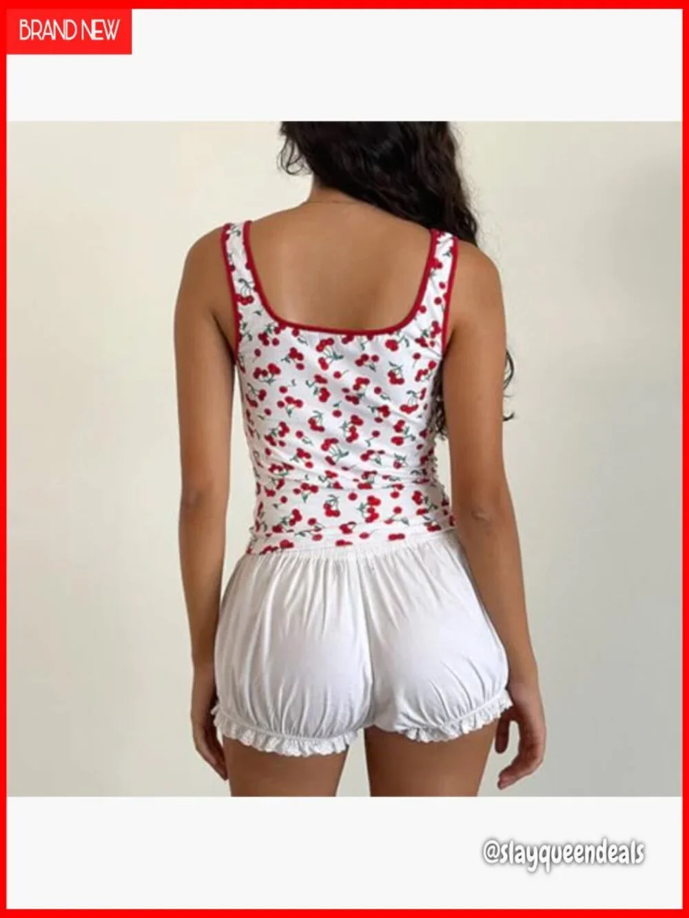 Y2K Strawberry Print Crop Tank Top Ribbed Scoop Neck Sleeveless - Picture 4 of 5